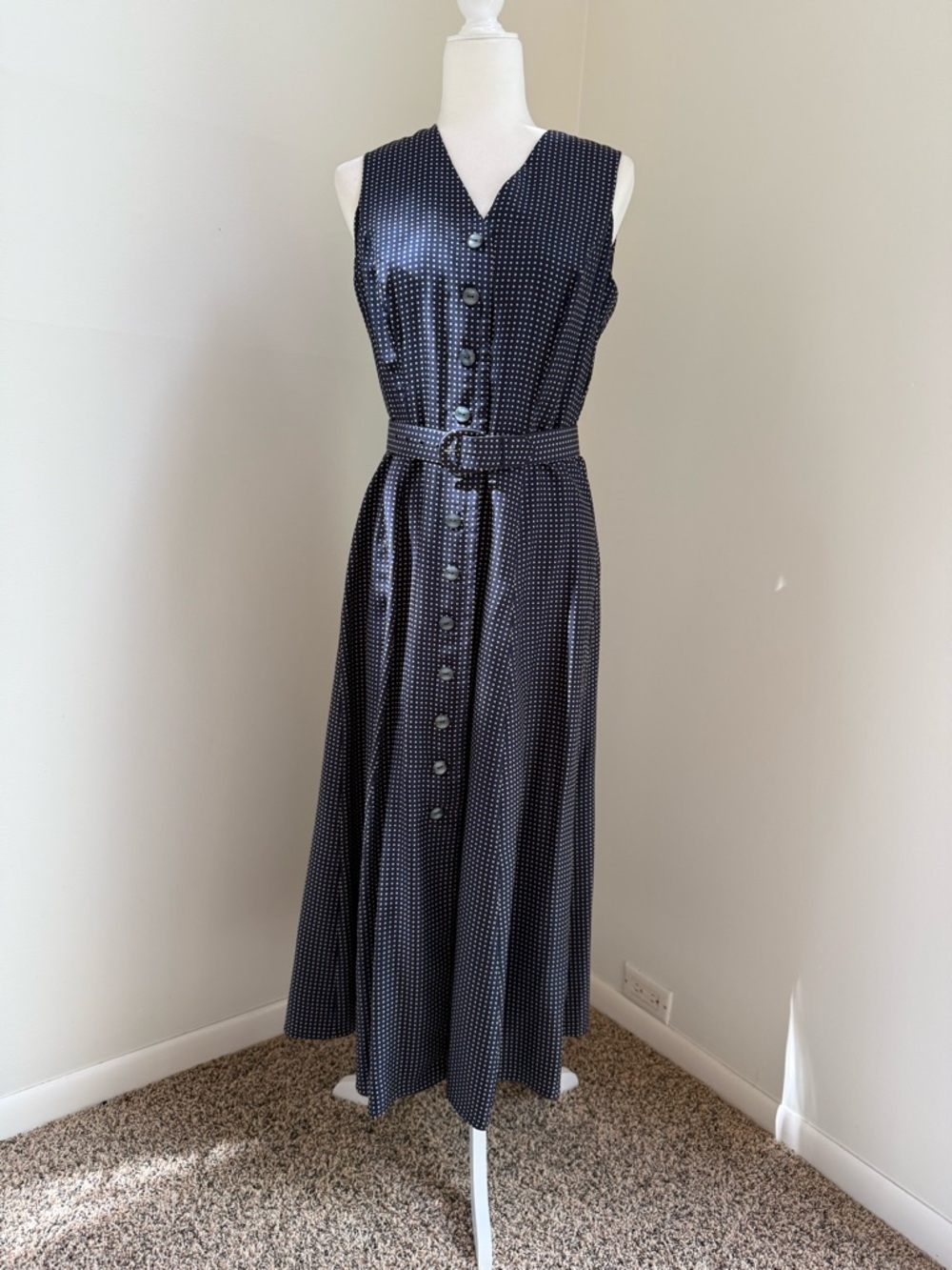 Chaus Navy and White Polka Dot Button-Front Maxi Dress